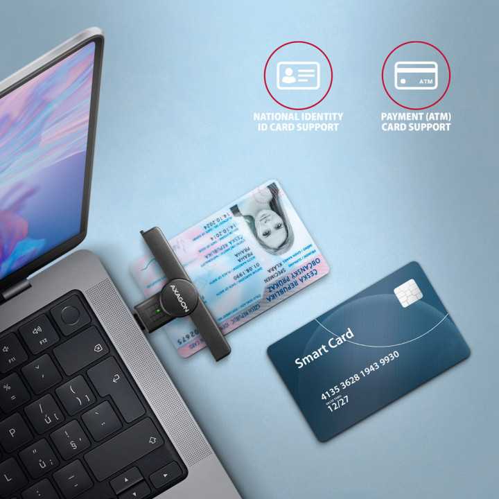 Axagon CRE-SMPC USB-C Smart card ID card PocketReader leitor de smart card Interior USB Type-C Preto
