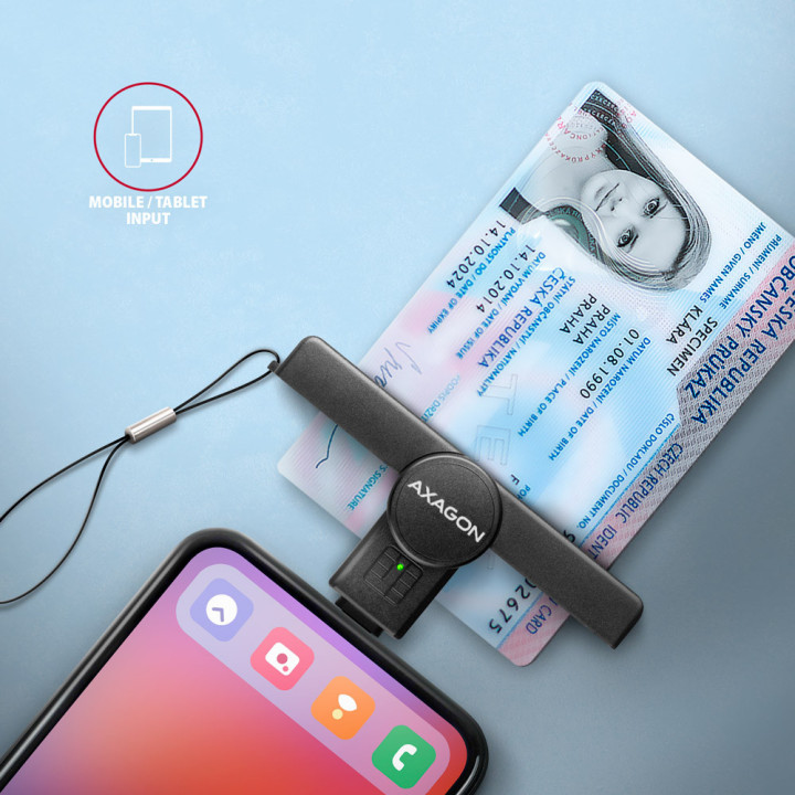 Axagon CRE-SMPC USB-C Smart card ID card PocketReader leitor de smart card Interior USB Type-C Preto