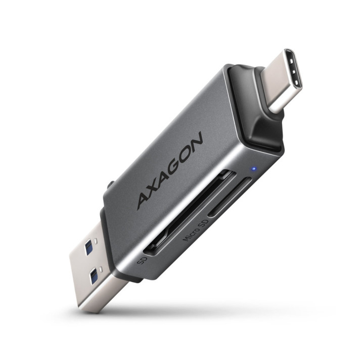 Axagon CRE-DAC USB-C+ USB-A 5 Gbps MINI card reader 2-slot & lun SD microSD leitor de cartões USB 3.0 Type-A Type-C Cinzento
