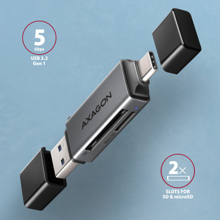 Axagon CRE-DAC USB-C+ USB-A 5 Gbps MINI card reader 2-slot & lun SD microSD leitor de cartões USB 3.0 Type-A Type-C Cinzento