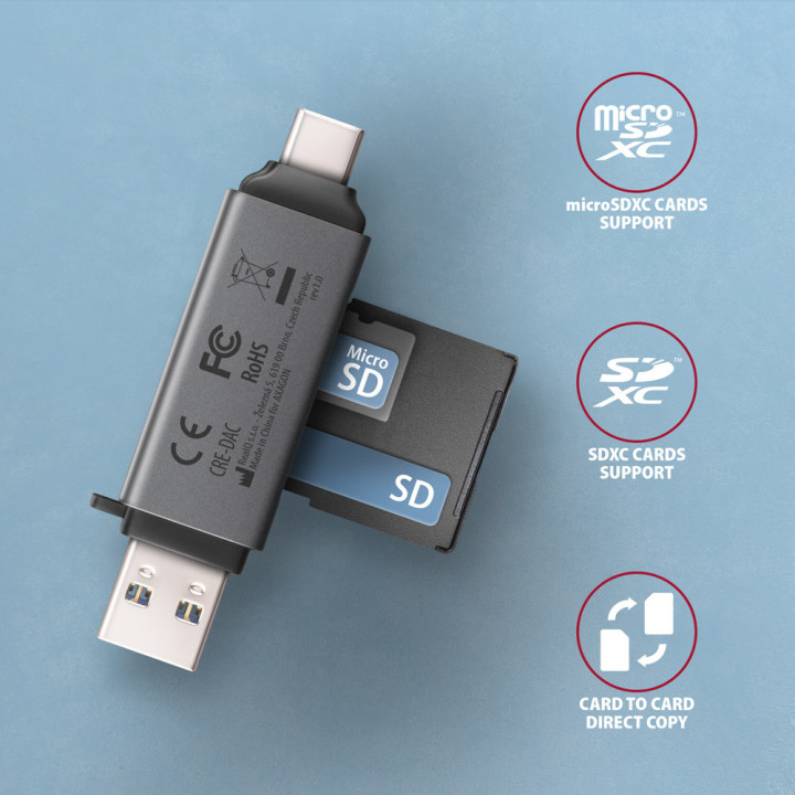 Axagon CRE-DAC USB-C+ USB-A 5 Gbps MINI card reader 2-slot & lun SD microSD leitor de cartões USB 3.0 Type-A Type-C Cinzento