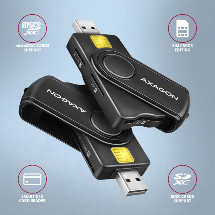 Axagon CRE-SMP2A USB Smart card & SD microSD SIM PocketReader leitor de smart card Interior USB 2.0 Preto
