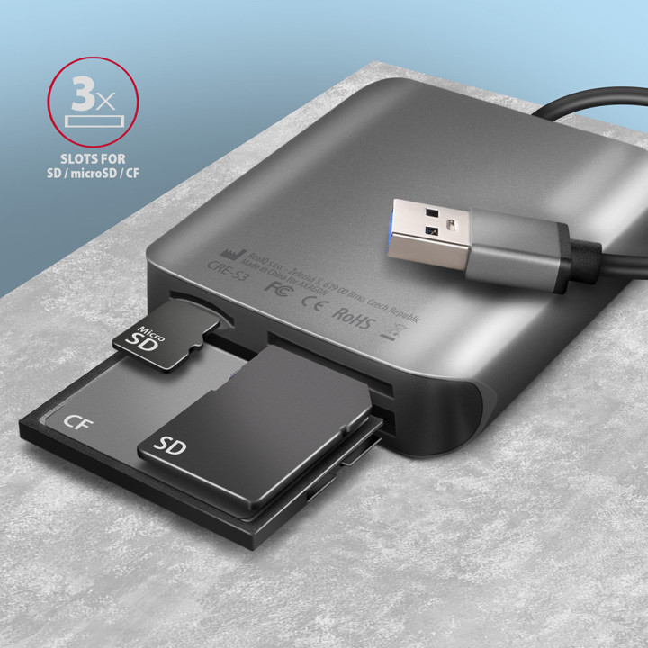 Axagon CRE-S3 External card reader USB-A 3.2 Gen 1 3-slot & lun SD microSD CF leitor de cartões USB 3.2 Gen 1 (3.1 Gen 1)