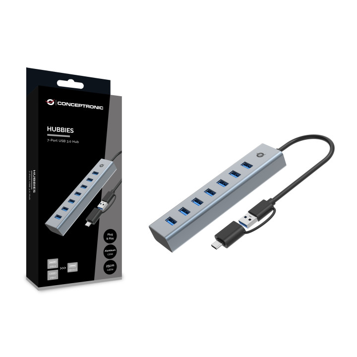 Conceptronic HUBBIES21G hub de interface USB 3.2 Gen 1 (3.1 Gen 1) Type-A 5000 Mbit s Cinzento