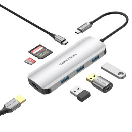 Vention TOJHB base & duplicador de portas Com fios USB 3.2 Gen 1 (3.1 Gen 1) Type-C Cinzento, Prateado