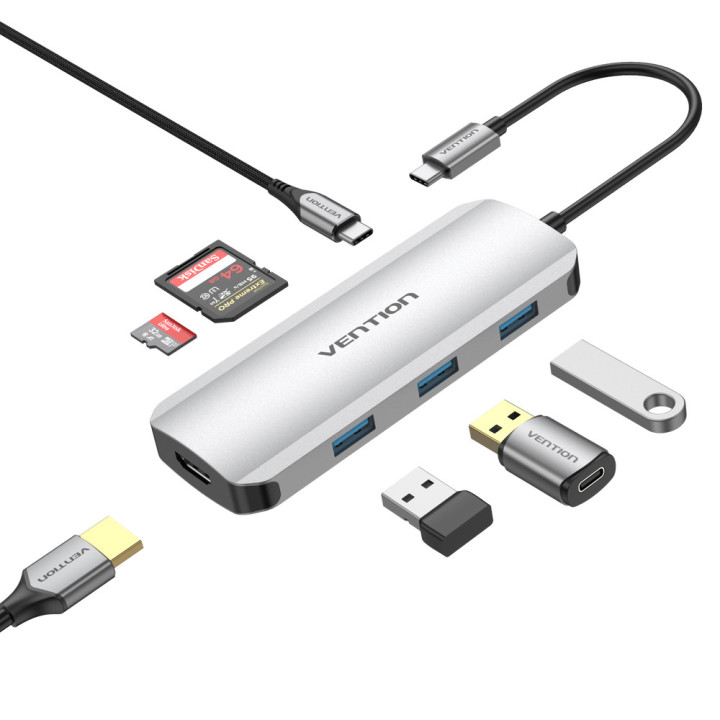 Vention TOJHB base & duplicador de portas Com fios USB 3.2 Gen 1 (3.1 Gen 1) Type-C Cinzento, Prateado