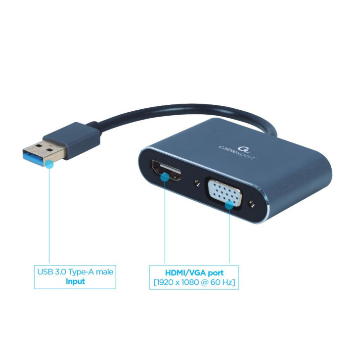 Gembird A-USB3-HDMIVGA-01 adaptador gráfico USB 3840 x 2160 pixels Cinzento
