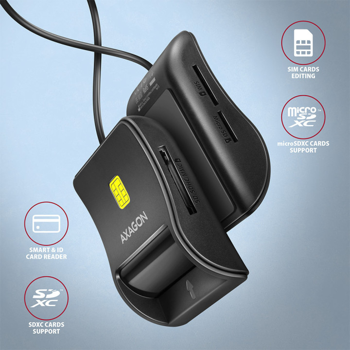 Axagon CRE-SM3SD USB Smart card & SD microSD SIM Flat leitor de smart card Interior USB 2.0 Preto