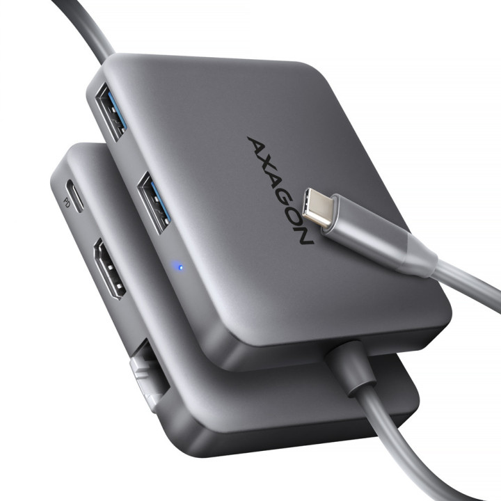 Axagon N HMC-5HL USB 5Gbps hub 2x USB-A HDMI 4k 60Hz RJ-45 GLAN PD 100W kabel USB-C Com fios USB 3.2 Gen 1 (3.1 Gen 1) Type-C