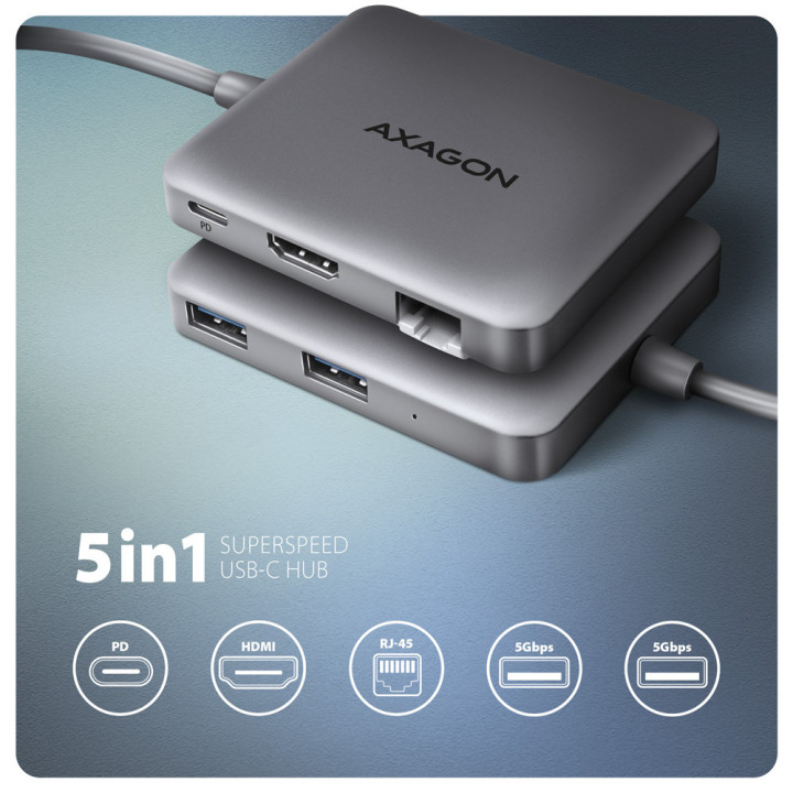 Axagon N HMC-5HL USB 5Gbps hub 2x USB-A HDMI 4k 60Hz RJ-45 GLAN PD 100W kabel USB-C Com fios USB 3.2 Gen 1 (3.1 Gen 1) Type-C