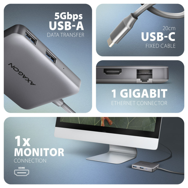 Axagon N HMC-5HL USB 5Gbps hub 2x USB-A HDMI 4k 60Hz RJ-45 GLAN PD 100W kabel USB-C Com fios USB 3.2 Gen 1 (3.1 Gen 1) Type-C