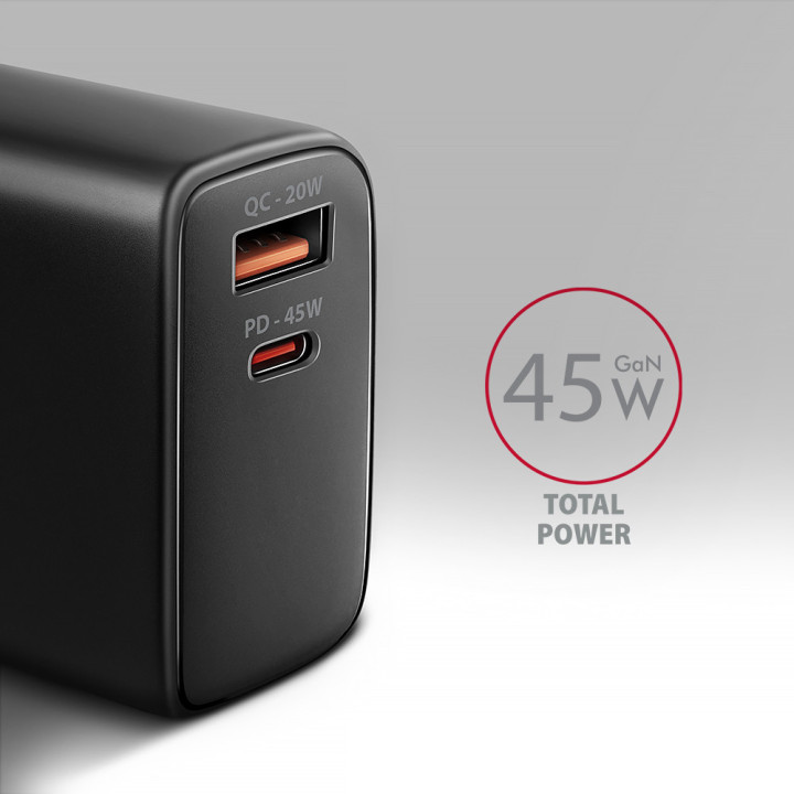 Axagon ACU-PQ45 QC 3.0, 4.0 AFC FCP PPS PD, 45W, schwarz - Netzladegerät mit USB-A und USB-C Schnittstelle Telemóvel,