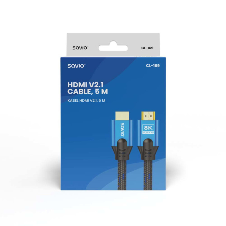 Savio HDMI (M) v2.1 cable 5m 8K copper blue-black golden tips CL-169 cabo HDMI HDMI Type A (Standard) Preto, Azul