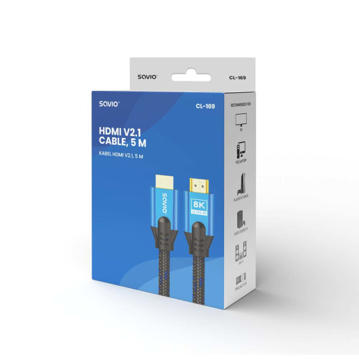 Savio HDMI (M) v2.1 cable 5m 8K copper blue-black golden tips CL-169 cabo HDMI HDMI Type A (Standard) Preto, Azul