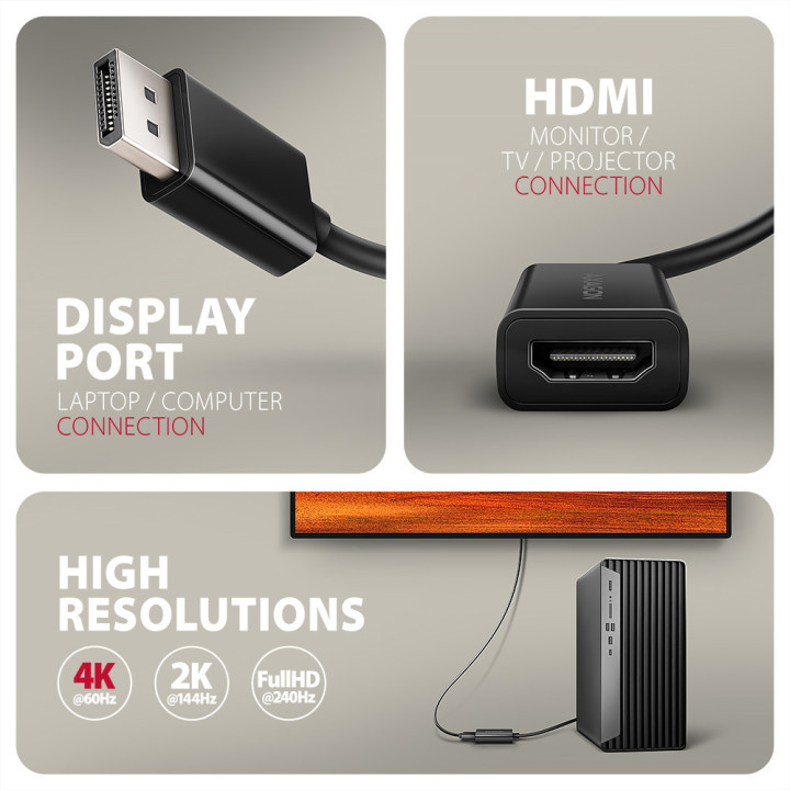 Axagon RVD-HI20N adaptador de cabo de vídeo 0,15 m DisplayPort HDMI Preto