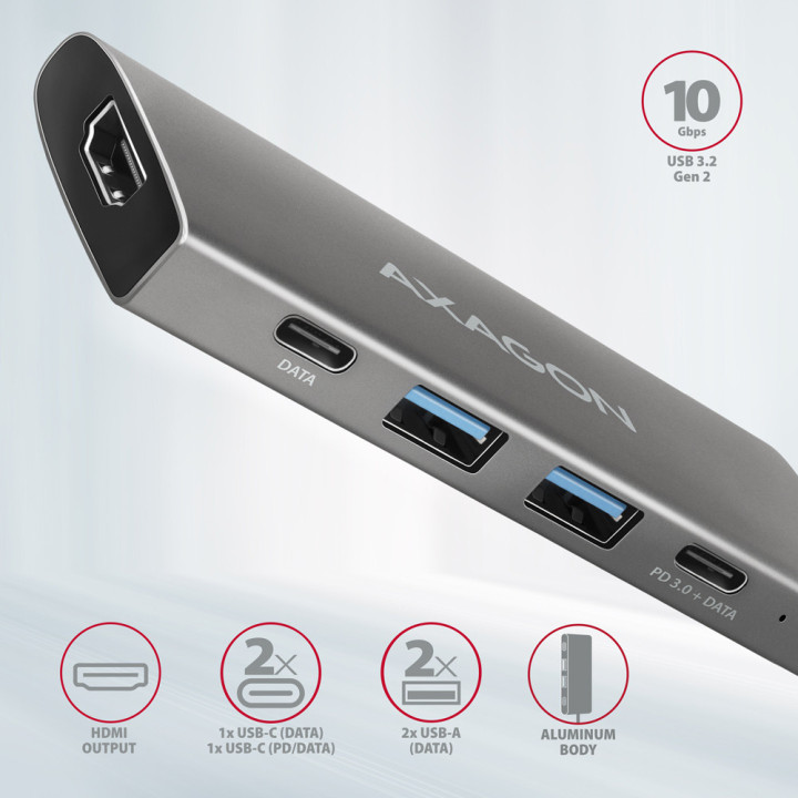 Axagon HMC-5G21 base & duplicador de portas Com fios USB 3.2 Gen 2 (3.1 Gen 2) Type-C Cinzento