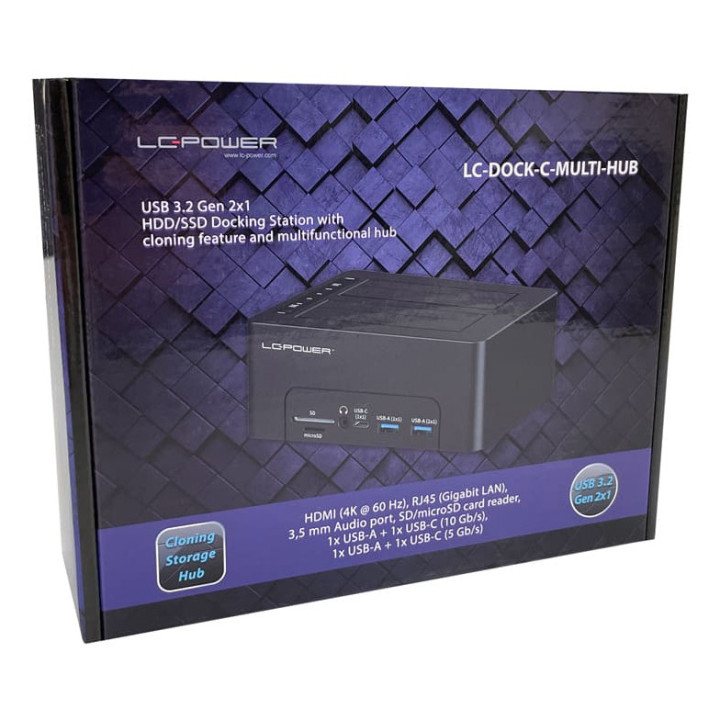 LC-Power LC-DOCK-C-MULTI-HUB Docking Station para Discos Rígidos USB 3.2 Gen 2 (3.1 Gen 2) Type-C Preto