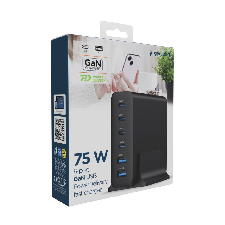 Carregador Gembird 6 portas USB 75W GaN Preto
