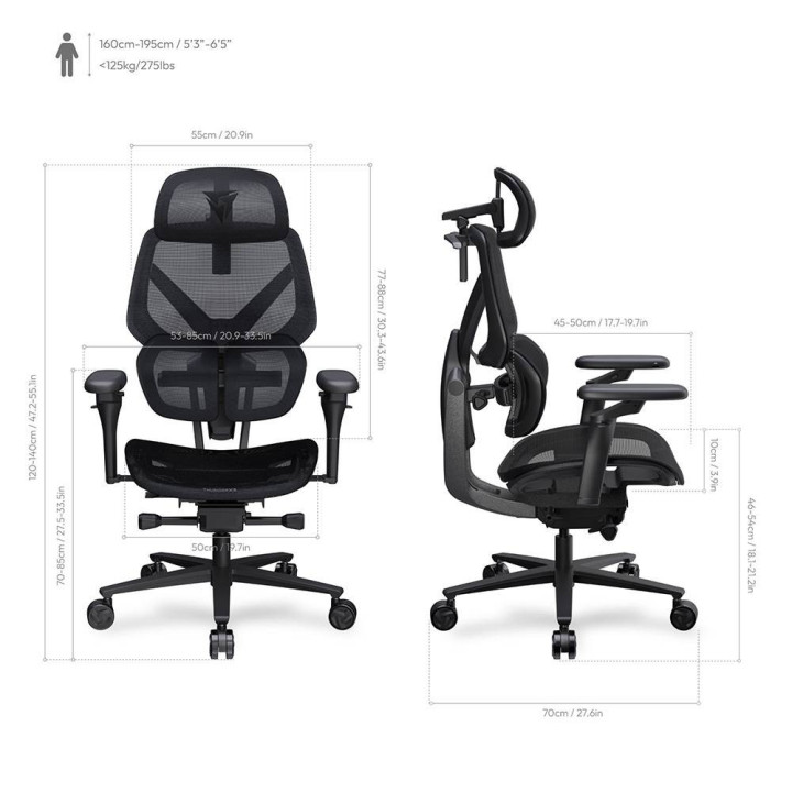 Cadeira Gaming Ergonomica ThunderX3 FLEX Pro, Apoio lombar 360 graus - Mesh Black