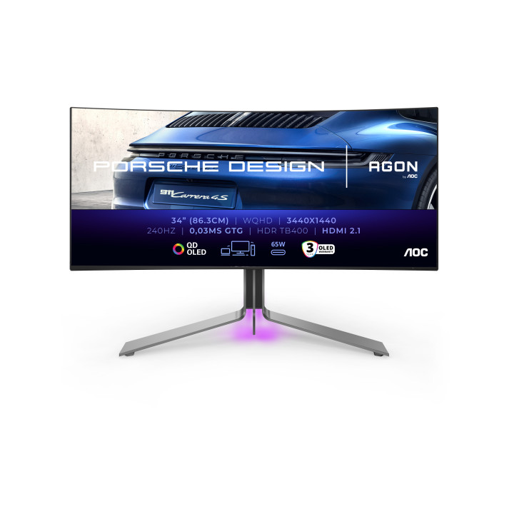 AOC Porsche PD34 monitor de ecrã 86,4 cm (34") 3440 x 1440 pixels Wide Quad HD QD-OLED Preto