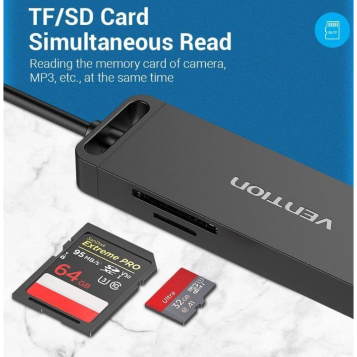 Docking USB 3.0 Vention 3x USB 1x MicroUSB PD 1xLeitor cartões Preta