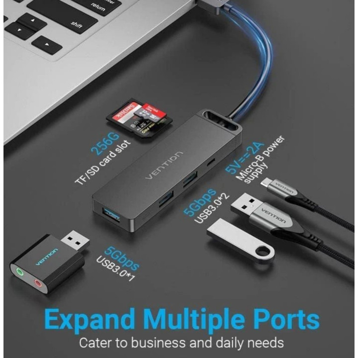 Docking USB 3.0 Vention 3x USB 1x MicroUSB PD 1xLeitor cartões Preta