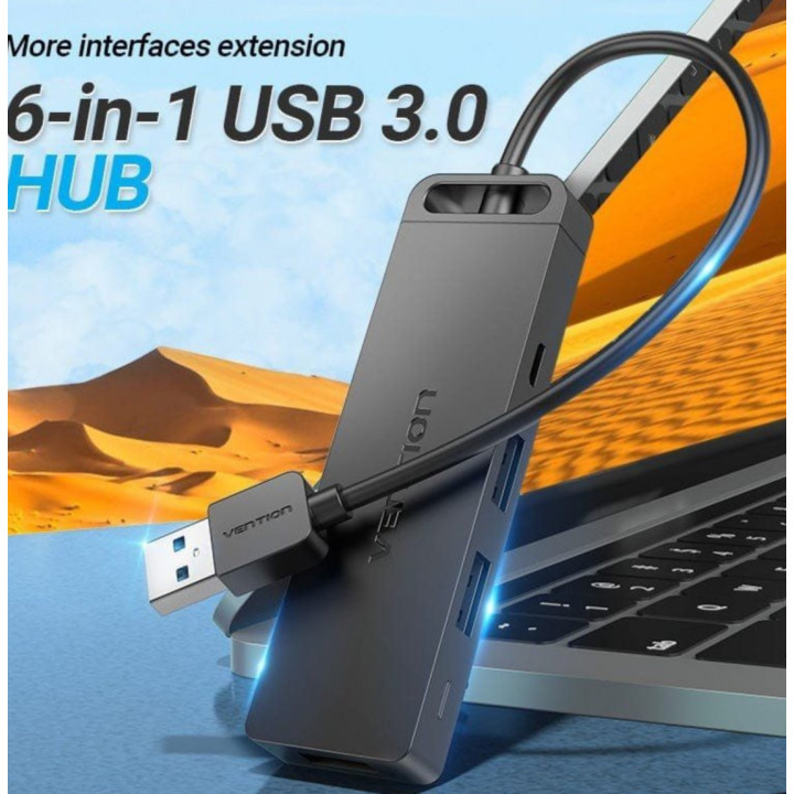 Docking USB 3.0 Vention 3x USB 1x MicroUSB PD 1xLeitor cartões Preta