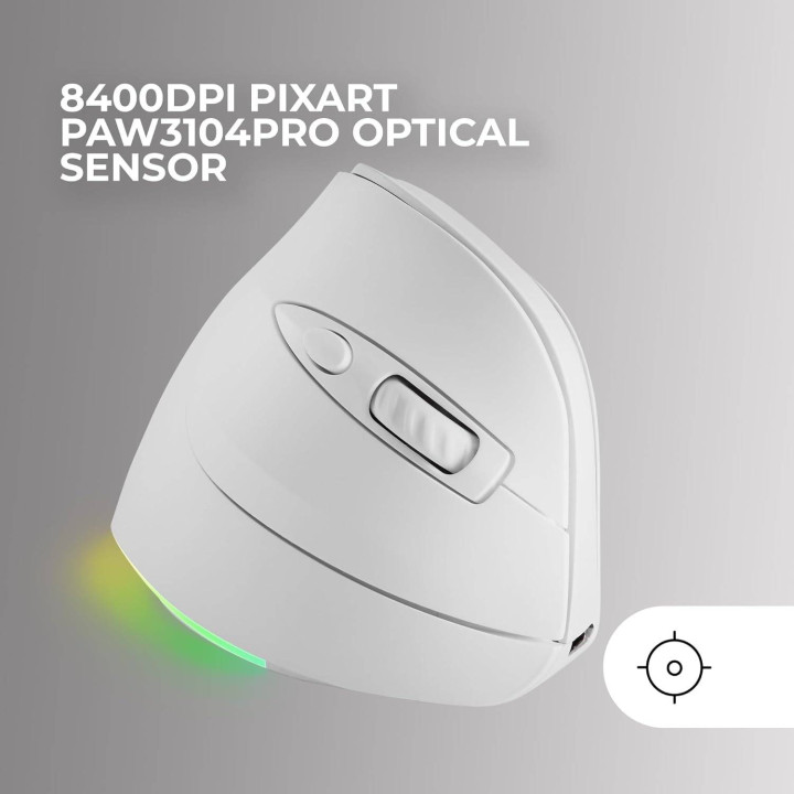 Rato Vertical Mars Gaming MMSKW RF Wireless + Bluetooth Ótico 8400 DPI Branco