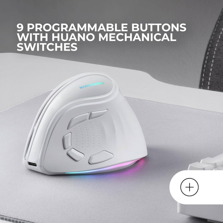 Rato Vertical Mars Gaming MMSKW RF Wireless + Bluetooth Ótico 8400 DPI Branco