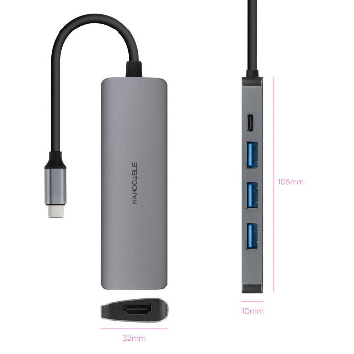 Nanocable 10.16.4605 base & duplicador de portas Com fios USB 3.2 Gen 1 (3.1 Gen 1) Type-C Cinzento