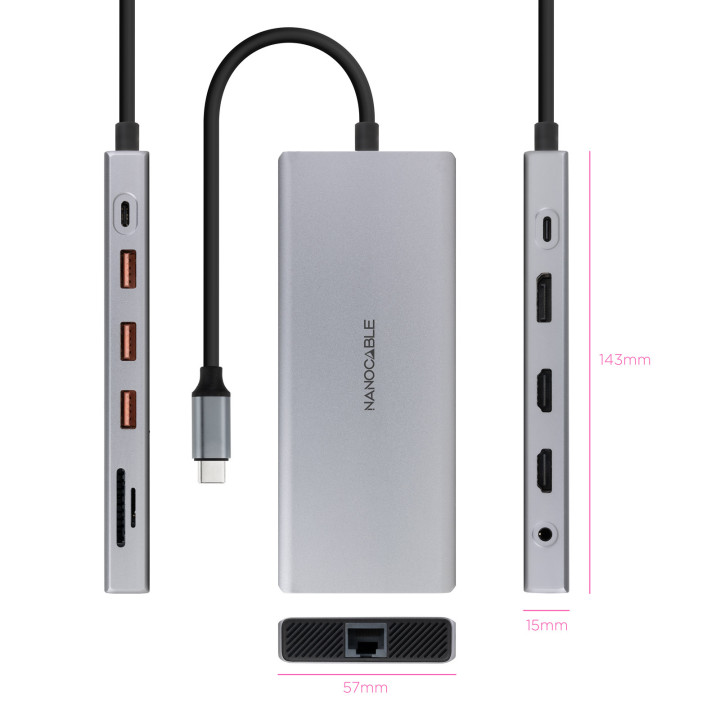 Nanocable 10.16.4612 base & duplicador de portas Com fios USB 3.2 Gen 1 (3.1 Gen 1) Type-C Cinzento