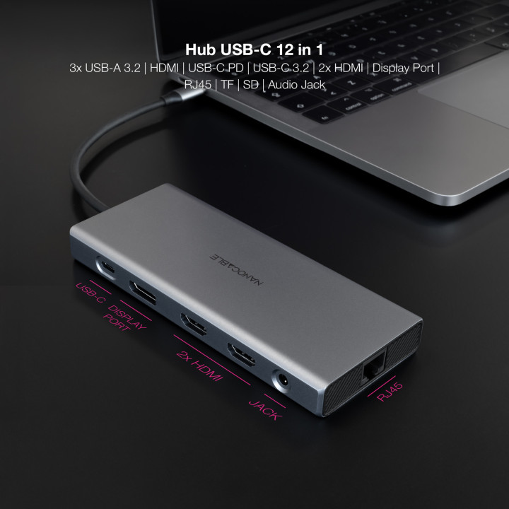 Nanocable 10.16.4612 base & duplicador de portas Com fios USB 3.2 Gen 1 (3.1 Gen 1) Type-C Cinzento