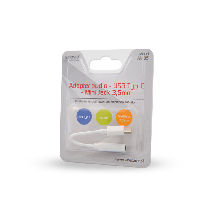 Savio AK-35 mobile phone cable White 0.12 m USB C 3.5mm cabo para telemóvel Branco 0,12 m