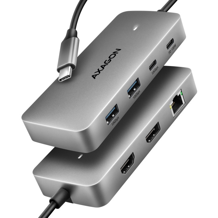 Axagon HUB USB HMC-CUB83X2, USB 10Gbps hub, 2x USB-A, USB-C, HDMI & DP 4k 144Hz, RJ-45 GLAN, PD 100W, kabel USB-C 15cm Com fios