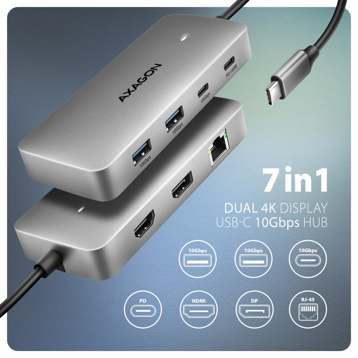 Axagon HUB USB HMC-CUB83X2, USB 10Gbps hub, 2x USB-A, USB-C, HDMI & DP 4k 144Hz, RJ-45 GLAN, PD 100W, kabel USB-C 15cm Com fios