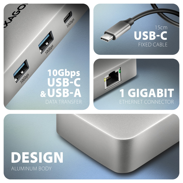 Axagon HUB USB HMC-CUB83X2, USB 10Gbps hub, 2x USB-A, USB-C, HDMI & DP 4k 144Hz, RJ-45 GLAN, PD 100W, kabel USB-C 15cm Com fios