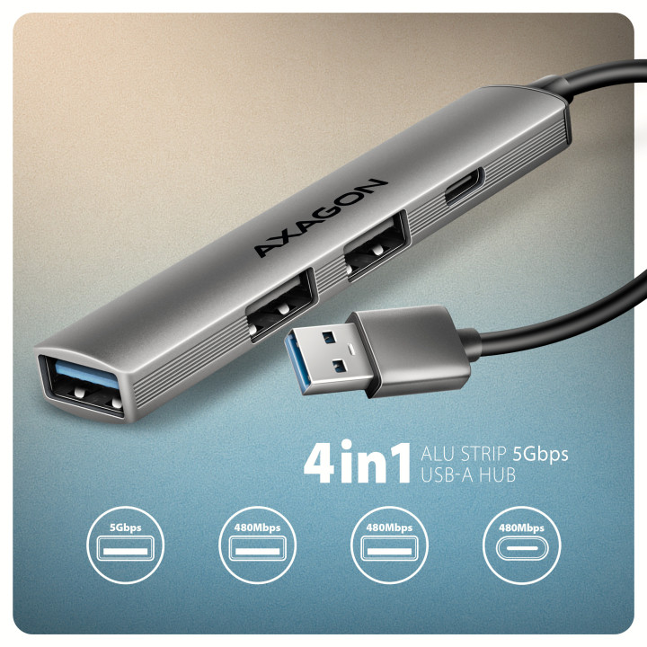 Axagon HUB USB HUE-STA, 4x USB ALU STRIP hub, 1x USB-A 5Gbps, 2x USB-A & 1x USB-C 480Mbps, kabel USB-A 12cm USB 3.2 Gen 1 (3.1