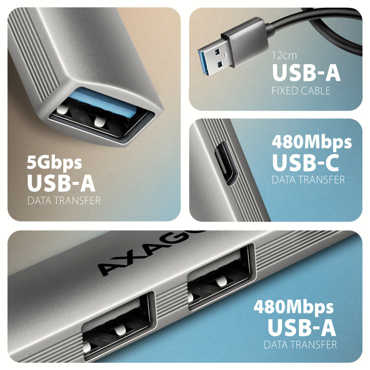 Axagon HUB USB HUE-STA, 4x USB ALU STRIP hub, 1x USB-A 5Gbps, 2x USB-A & 1x USB-C 480Mbps, kabel USB-A 12cm USB 3.2 Gen 1 (3.1