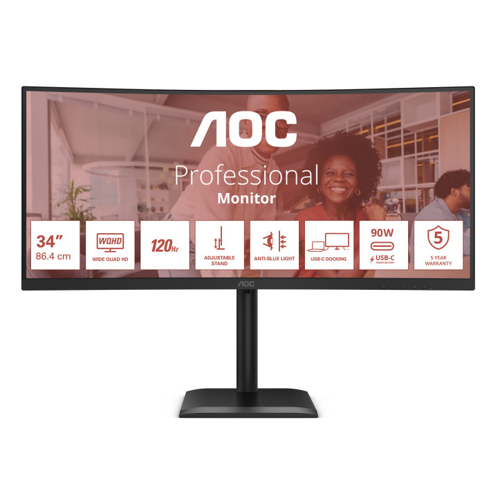 AOC E4 CU34E4CV monitor de ecrã 86,4 cm (34") 3440 x 1440 pixels UltraWide Quad HD LCD Preto