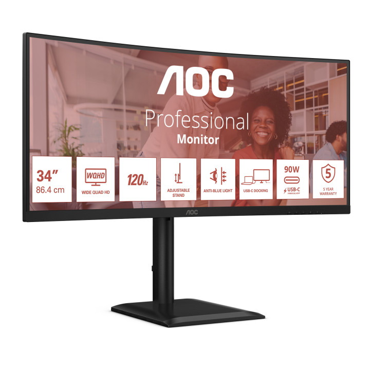AOC E4 CU34E4CV monitor de ecrã 86,4 cm (34") 3440 x 1440 pixels UltraWide Quad HD LCD Preto