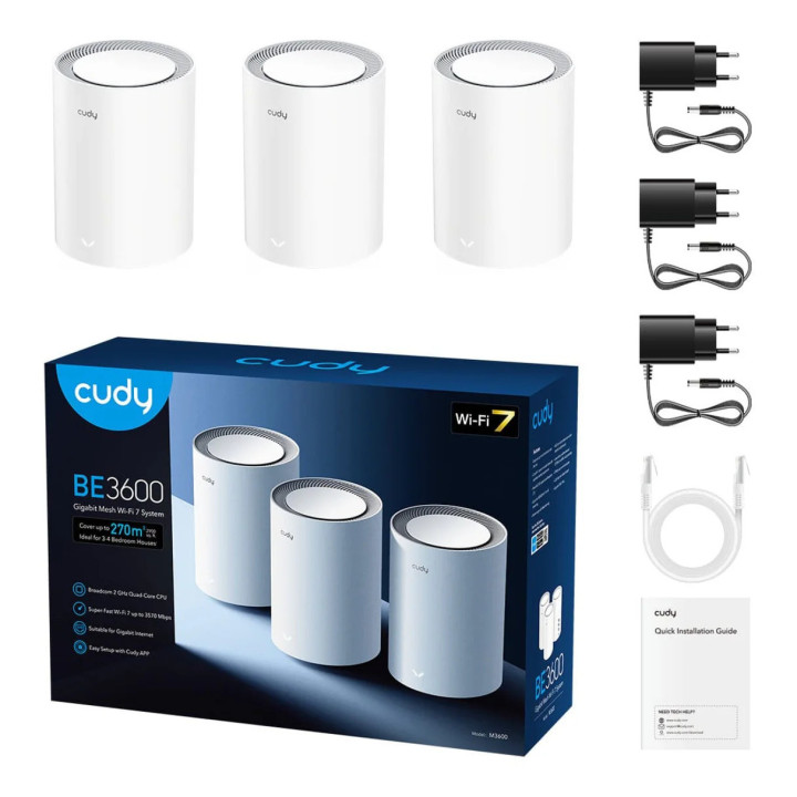 Sistema Wi-Fi Mesh Cudy M3600 (2-PACK) Dual-band Wi-Fi 7 (802.11be) Branco com 3 Antenas Internas