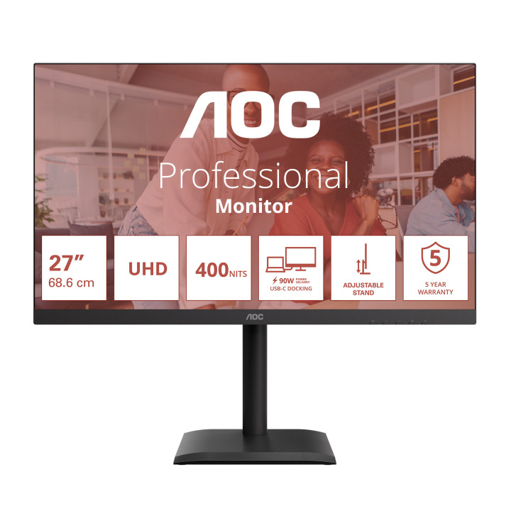 AOC E4 U27E4CV monitor de ecrã 68,6 cm (27") 3840 x 2160 pixels 4K Ultra HD LED Preto