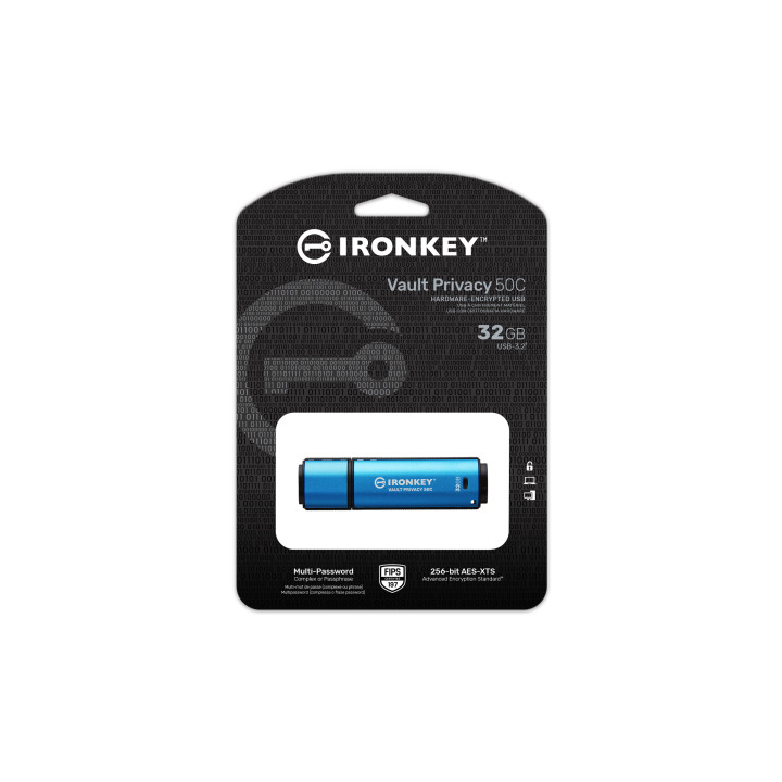 Kingston Technology IronKey Vault Privacy 50 unidade de memória USB 32 GB USB Type-C 3.2 Gen 1 (3.1 Gen 1) Preto, Azul
