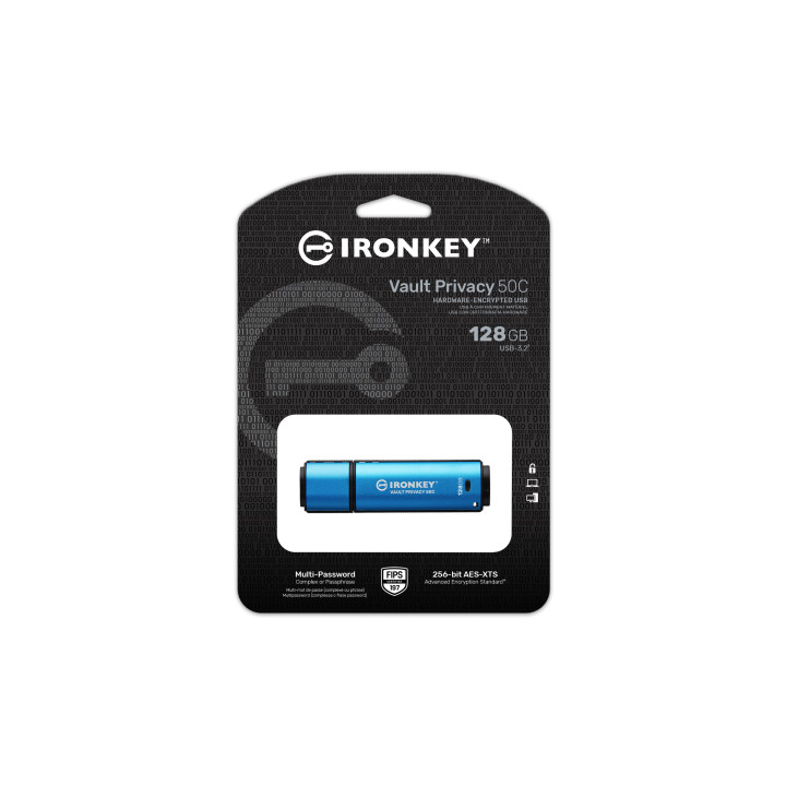 Kingston Technology IronKey Vault Privacy 50 unidade de memória USB 128 GB USB Type-C 3.2 Gen 1 (3.1 Gen 1) Preto, Azul