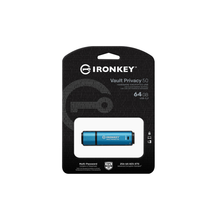 Kingston Technology IronKey Vault Privacy 50 unidade de memória USB 64 GB USB Type-A 3.2 Gen 1 (3.1 Gen 1) Preto, Azul
