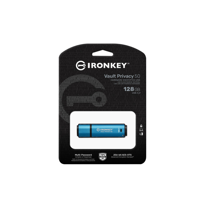 Kingston Technology IronKey Vault Privacy 50 unidade de memória USB 128 GB USB Type-A 3.2 Gen 1 (3.1 Gen 1) Preto, Azul