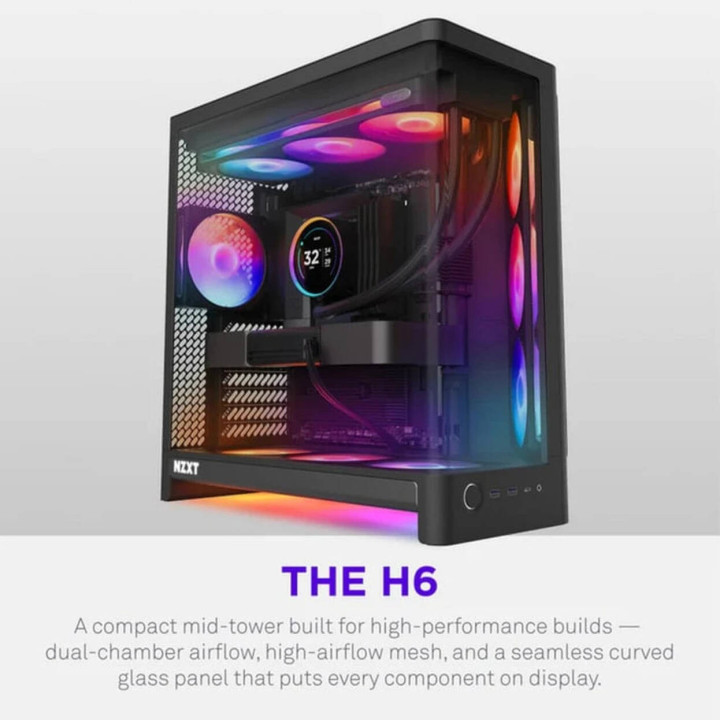 Caixa ATX NZXT H6 RGB+ Preta Vidro Temperado Panorâmico | Iluminação RGB | Fluxo de Ar Otimizado
