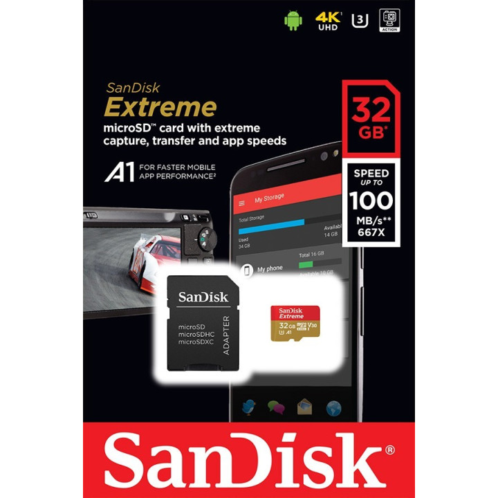 SanDisk Cartão Memória Extreme A1 UHS-I V30 microSDHC 32GB + Adaptador SD - SDSQXAF-032G-GN6MA