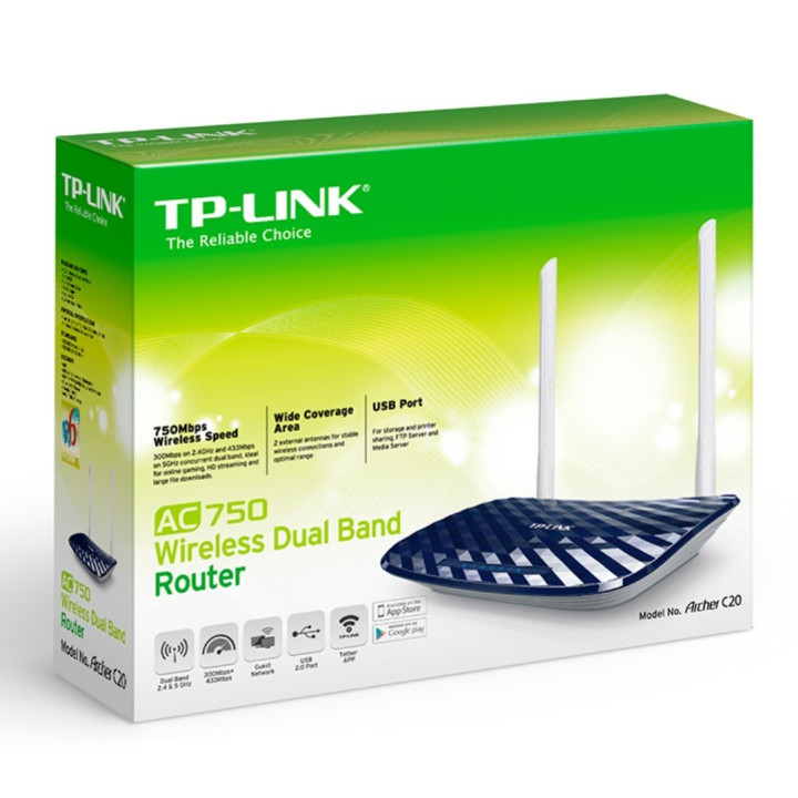 Router Wireless TP-LINK DualBand AC750, 4x10/100, 1USB, 2 Antenas