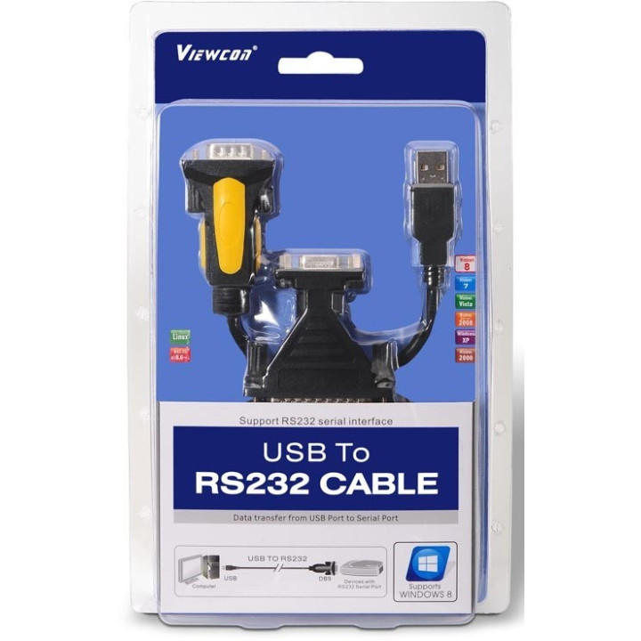 Viewcon Conversor USB a SERIE, tipo A/M-RS232 DB9/M DB25/M, Preto, 1,8m 